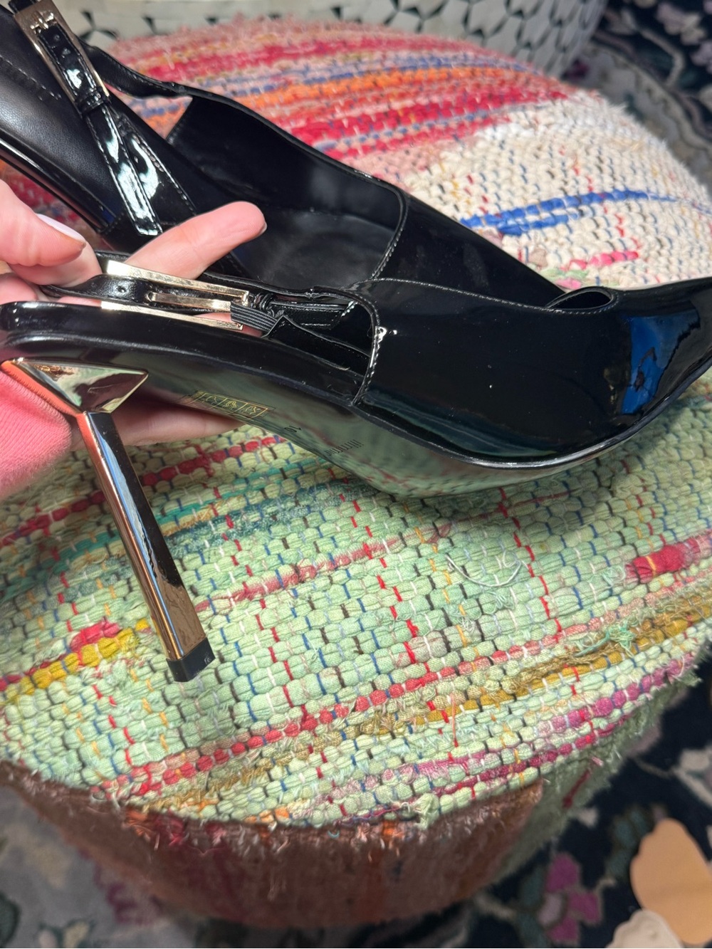 ✨▪️Black Patent Slingback Heels with Gold Heel Stiletto - Picture 4 of 6